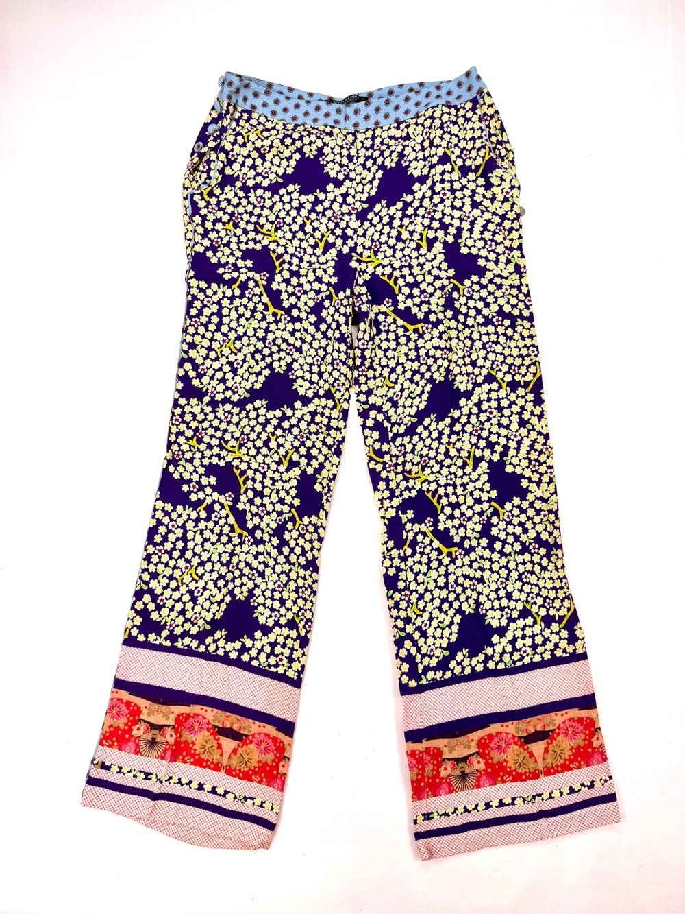 Scotch & Soda Silk Soiree Floral Wide Leg Pants US 6 Cherry Blossom Fan Print